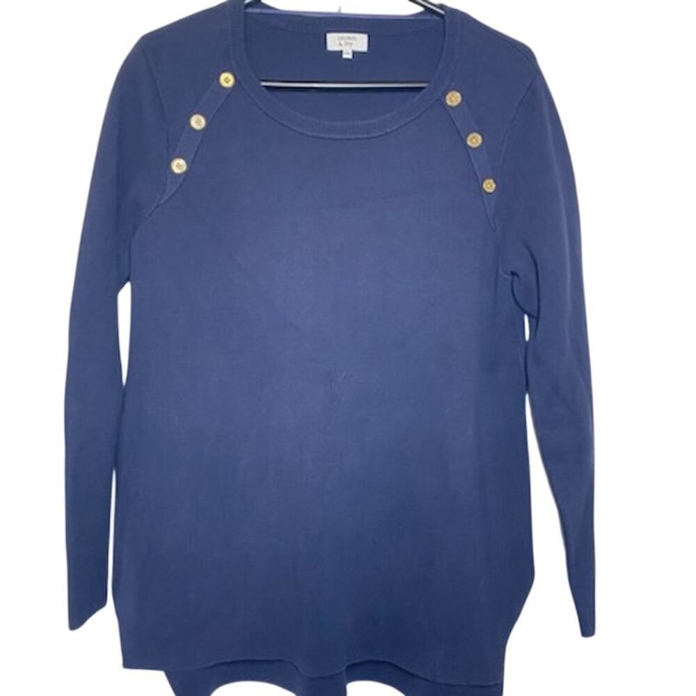 Crown & Ivy Women’s Cotton Sweater • Large • Dark Blue • Gold Buttons